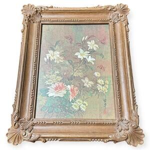 Vintage Ornate 1973 Burwood Faux Wood Picture Frame Floral & Butterfly Design